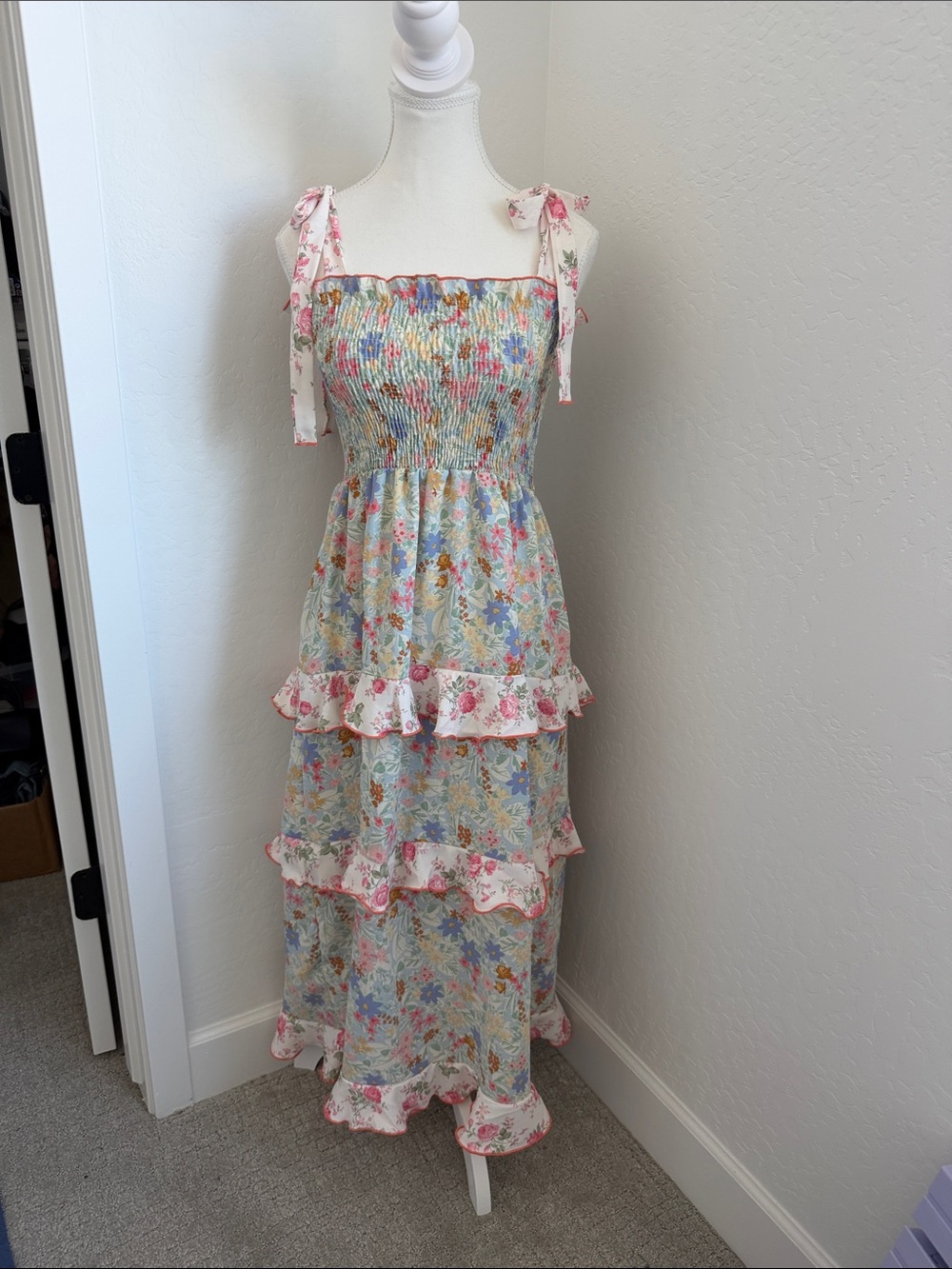Haptics Floral Tiered Smocked Maxi Dress with Tie Straps - Pink Floral NWT